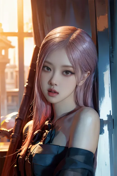 Rose from blackpink, pink hair, (full body), (best quality,4k,8k,highres,masterpiece:1.2),ultra-detailed,(realistic,photorealist...