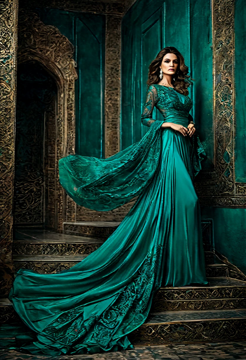 Araffed woman in vestido turquesa,Turquesa oscuro dress, ropa adornada de color turquesa oscuro, vestido fluido, vestido turquesa, Vestida con un hermoso vestido, Turquesa oscuro, Turquesa oscuro tones, turquesa elegante, hermosa tela fluida, Increíblemente elegante, vestido extravagante, impresionante pose elegante, elegantes vestidos de noche!, vestido fluido, gracioso y elegante.