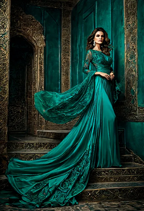 Araffed woman in turquoise dress,Dark turquoise dress, ornate dark turquoise clothing, flowing dress, turquoise dress, dressed b...