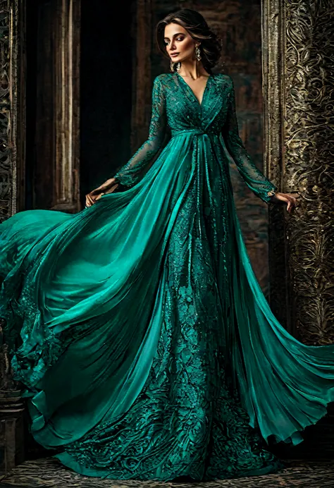 araffed woman in turquoise dress,dark turquoise dress, ornate dark turquoise clothing, flowing dress, turquoise dress, dressed b...