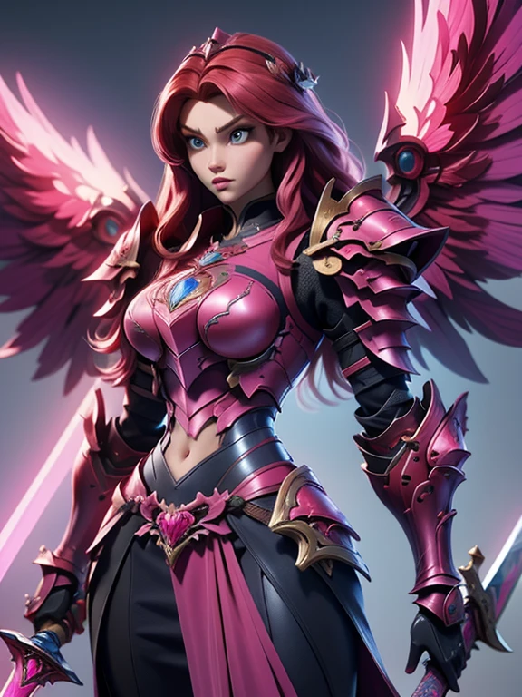 (masterpiece, best quality:1.2), Character design, ((1 girl, solo)), warrior of xian, slim body, medium chest, skinny waist, ((long deep red hair)). blue eyes. (((pink fantasy armor a female knight in a pink full armor))), (((big pauldrons, intricate details))), (((large armor wings))), (((advanced weapon fantasy plasma sword in right hand))), (standing), (((side body view))), plain gray background, masterpiece, HD high quality, 8K ultra high definition, ultra definition,