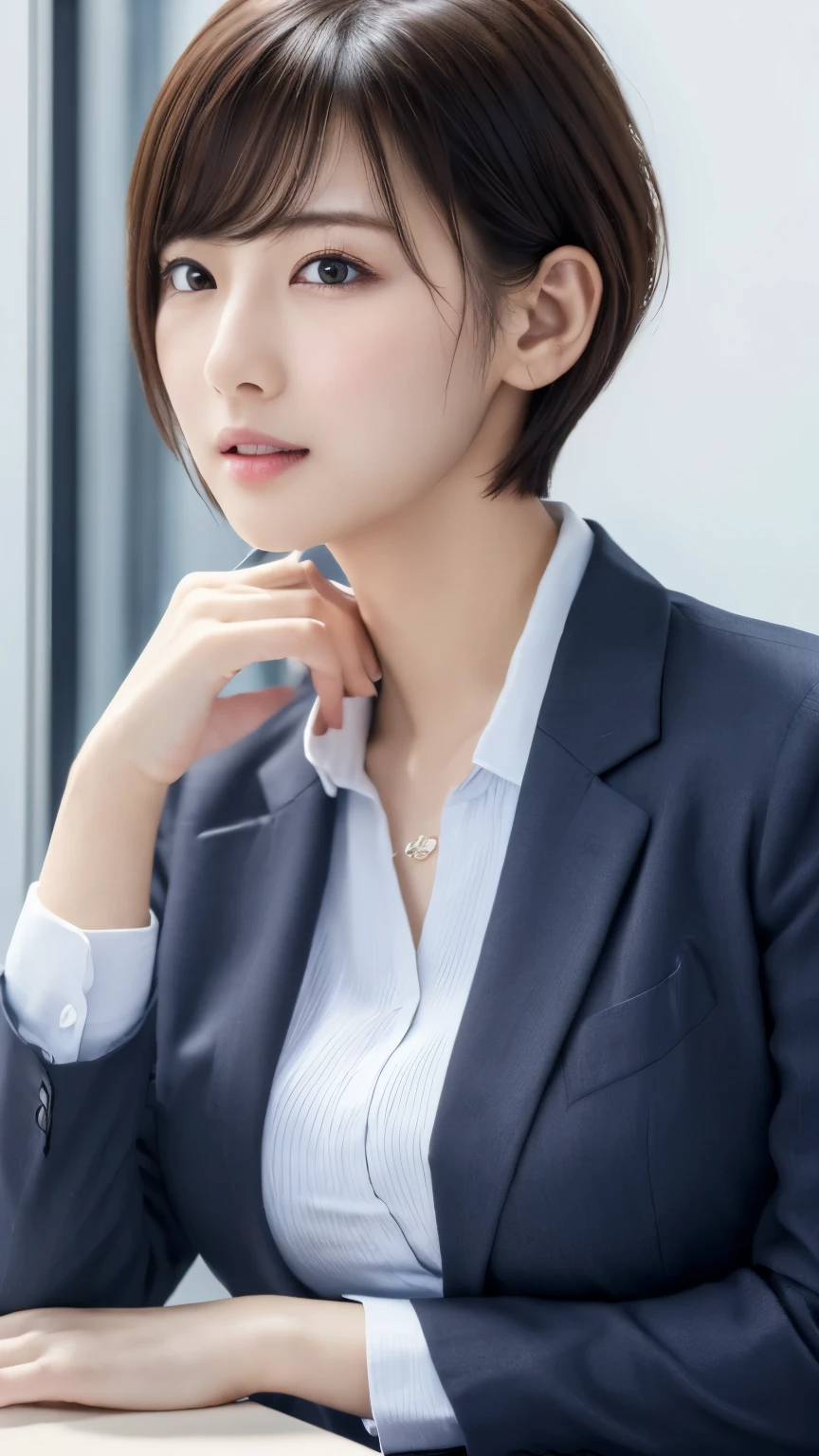 (masterpiece:1.3), (8k, Photoreal, Raw photo, best image quality: 1.4), Japanese, (1 girl), beautiful face, (lifelike face), (short hair:1.3), beautiful hairstyle, realistic eyes, beautiful eyes, (real looking skin), beautiful skin, attractive, 超A high resolution, surreal, high detail, golden ratio, detail makeup,see the beholder,big breasts、business suit、office、trimmed pubic hair、((whole body))