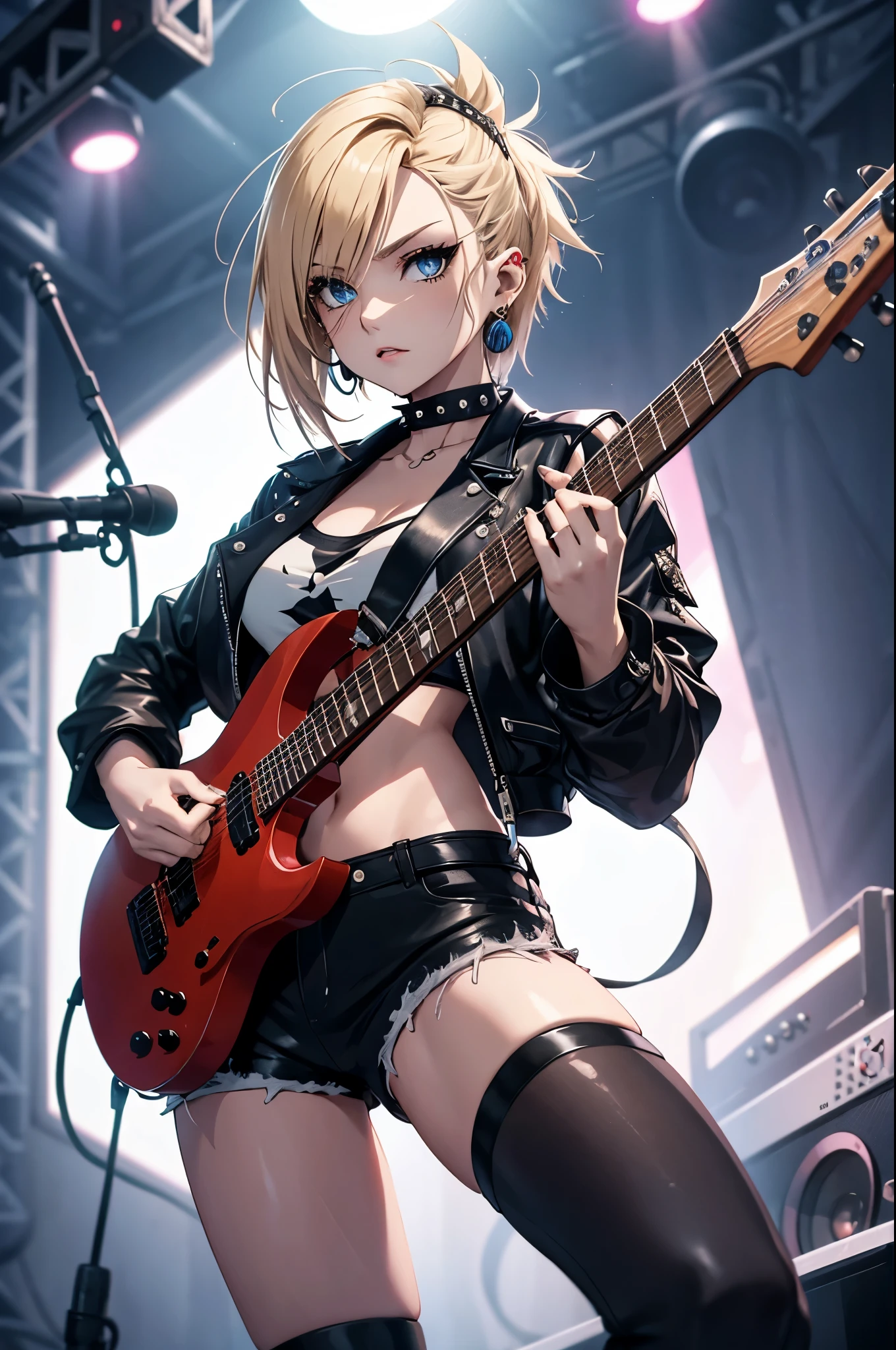 realistic:1.2, Rocker girl wearing a leather jacket,slim body shape、Normal bust size、 highly realistic photograph, fullbody、, １two electric guitars, clothes with spikes,white tank top、Navel exposed、leather shorts、tattoo,earrings dark lipstick, blue eyes,spiky blonde and partially shaved hair, beautiful and perfect legs, confident look, punk style ,dynamic pose, dynamic lighting, Bright colors, ant alexa 65, 50MM lens