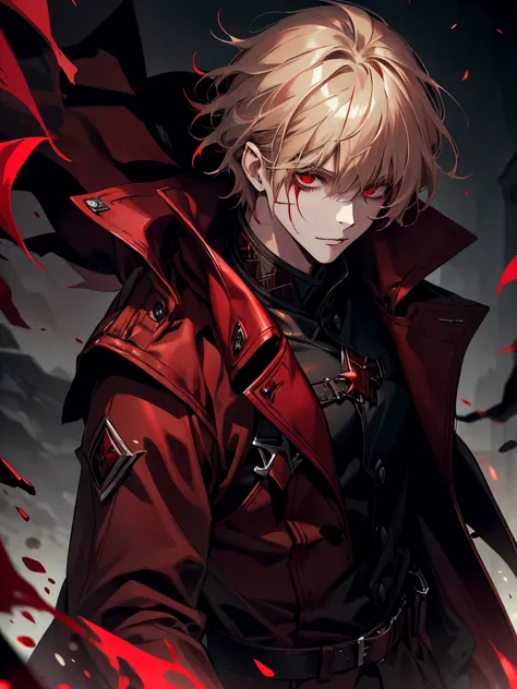 Solo, male, red coat, red eyes , straight facial, short Length hair, with bangs, blonde and gradiant black streaks color, blood ...