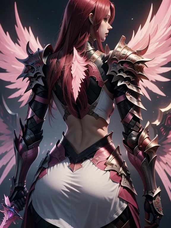 (masterpiece, best quality:1.2), Character design, ((1 girl, solo)), warrior of xian, slim body, medium chest, skinny waist, ((long deep red hair)). blue eyes. (((pink fantasy armor a female knight in a pink full armor))), (((big pauldrons, intricate details))), (((large armor wings))), (((advanced weapon fantasy plasma sword in right hand))), (standing), (((back body view))), (((back body view))), plain gray background, masterpiece, HD high quality, 8K ultra high definition, ultra definition,