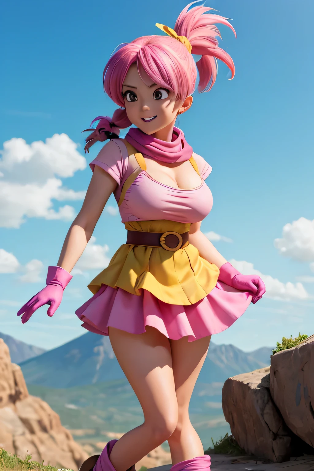 Masterpiece, Best Quality, High resolution, Dragon Ball, pony, aquamarine hair, hair band, braided ponytail, Pink shirt, belt, scarf, pink skirt, clothing writing, brown gloves, medium breasts, outdoor, cowboy shot, Waving, SMILE, ((without pantyhose the legs)), sexy legs, whole body