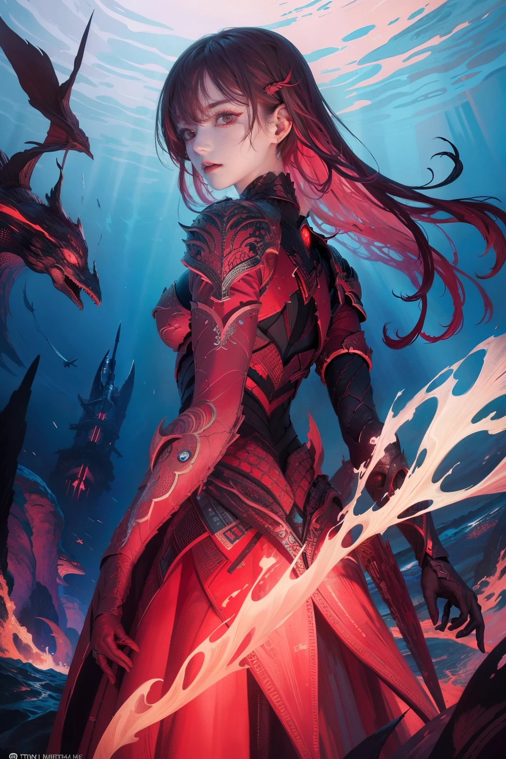 In the captivating world of Kato's Red Angel Volume 1, the intriguingly named Hammerhead comes to life in a style reminiscent of the luminosity of water. The Hammerhead, with its dark bronze and crimson hues, showcases uncanny combinations of colors that playfully dance on the page.

This mesmerizing illustration is further enhanced by the use of a fish-eye lens, which adds an extra layer of depth and immersion to the viewer. Infinity nets envelop the Hammerhead, their controlled palette adding a sense of order among the chaotic, yet visually appealing, color scheme.

The Hammerhead, as a