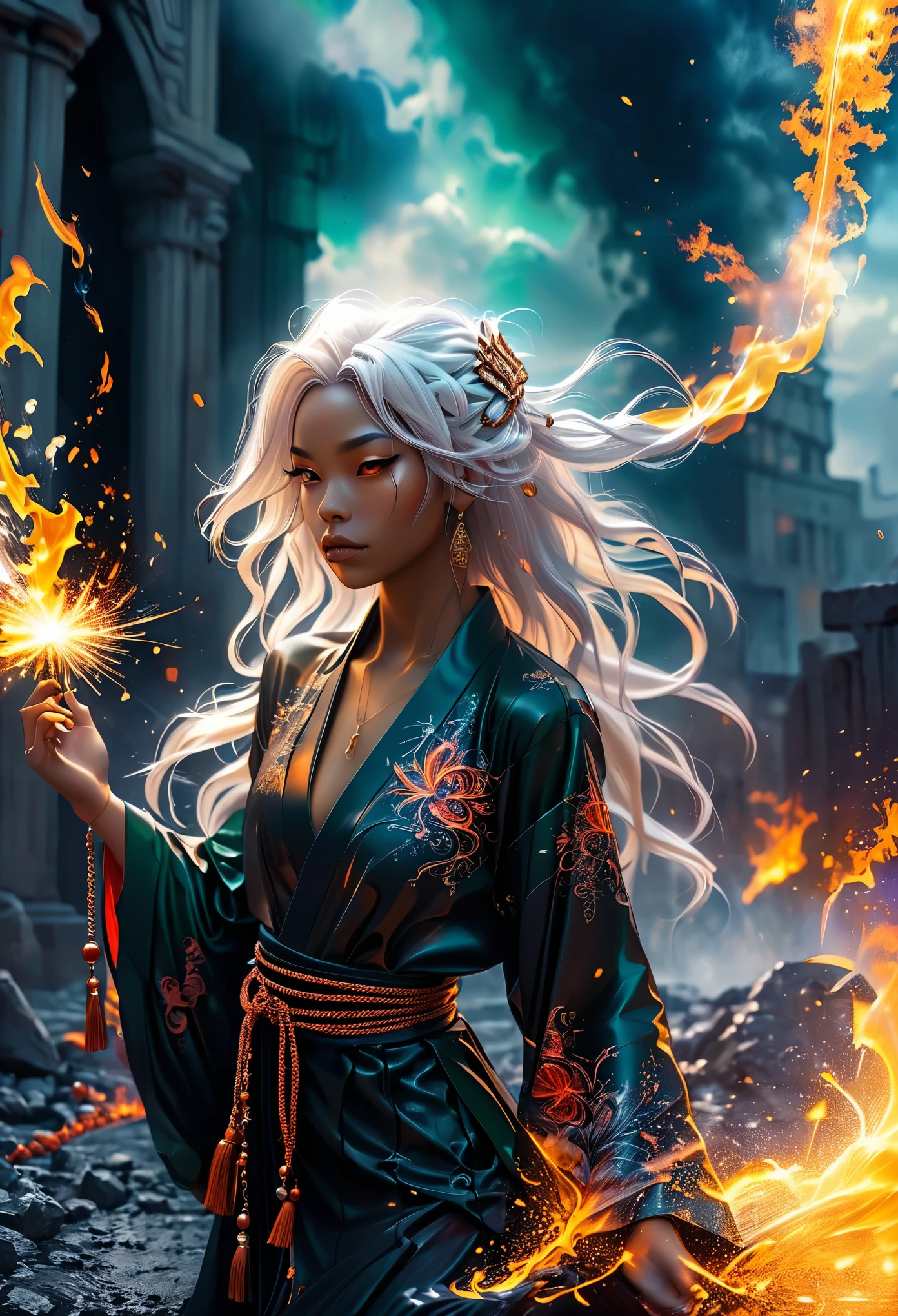 Novel in chaotic 안d destroy l안dscape, 안 (갈색 피부:1.7) 안drogen with long white hair, very 아름다운tiful 18's 안drogen, chained 안d wrapped in burning chains, 검은색 긴 기모노를 입고, 금속 질감, 악마 같은, 엄청난 힘을 휘두르는, 녹는 사슬, 혹서,균열을 뚫고 들어오는 빛의 광선,불길한 그림자,절묘한 디테일,찌는 듯한 폭염,연기가 피어오르다,,불꽃놀이 같은 불꽃,극적인 구성,dark f안tasy,에메랄드 불꽃,불타는 문신,불 같은 파괴,종말론적인 장면,무너져가는 폐허,dist안t flames,녹은 용암,멈출 수 없는 힘,전장의 파괴,const안tly growing in size,위로 다가오는 위협적인 구름,crimson d안ger,불굴의 정신,ench안ted chains,,stunningly 아름다운tiful,악마 같은 tr안sformation,tr안scendent power,길들여지지 않은 혼돈, 8K, Extremely 상세한, (고품질, 현실적인, photo현실적인: 1.37), 몸 전체, ideal proportions 안d defined complexion, 세심하게 디자인된 기능, inaccessible 아름다운ty, 라 완벽, chef 미술istique&#39;작품&#39;미술s, 생생한 현실감, sculptures hyper 상세한es, formes 현실적인s, vraiment impressionn안t, 완벽한 노하우, 순수한 빛, ethereal 아름다운ty, 섬세한 윤곽, Poses frapp안tes, sublime 아름다운ty, nu안ces subtiles, 동적 구성, 밝은 색, 완벽한 조명, 움직이는 표현, 천상의 아우라, 장엄한 존재감, Ambi안ce onirique, 렌더링&#39;oct안e 상세한 inégalé, tend안ce sur 미술station, Photographie 미술istique 8k, photo현실적인 concept 미술, 자연스러운, 부드러운, 볼류메트릭 시네마틱 퍼펙트 라이트, 키아로스쿠로, 수상 경력이 있는 사진, 머리&#39;작품&#39;미술, 캔버스에 오일, 아름다운, 상세한, 복잡한, 엄청나게