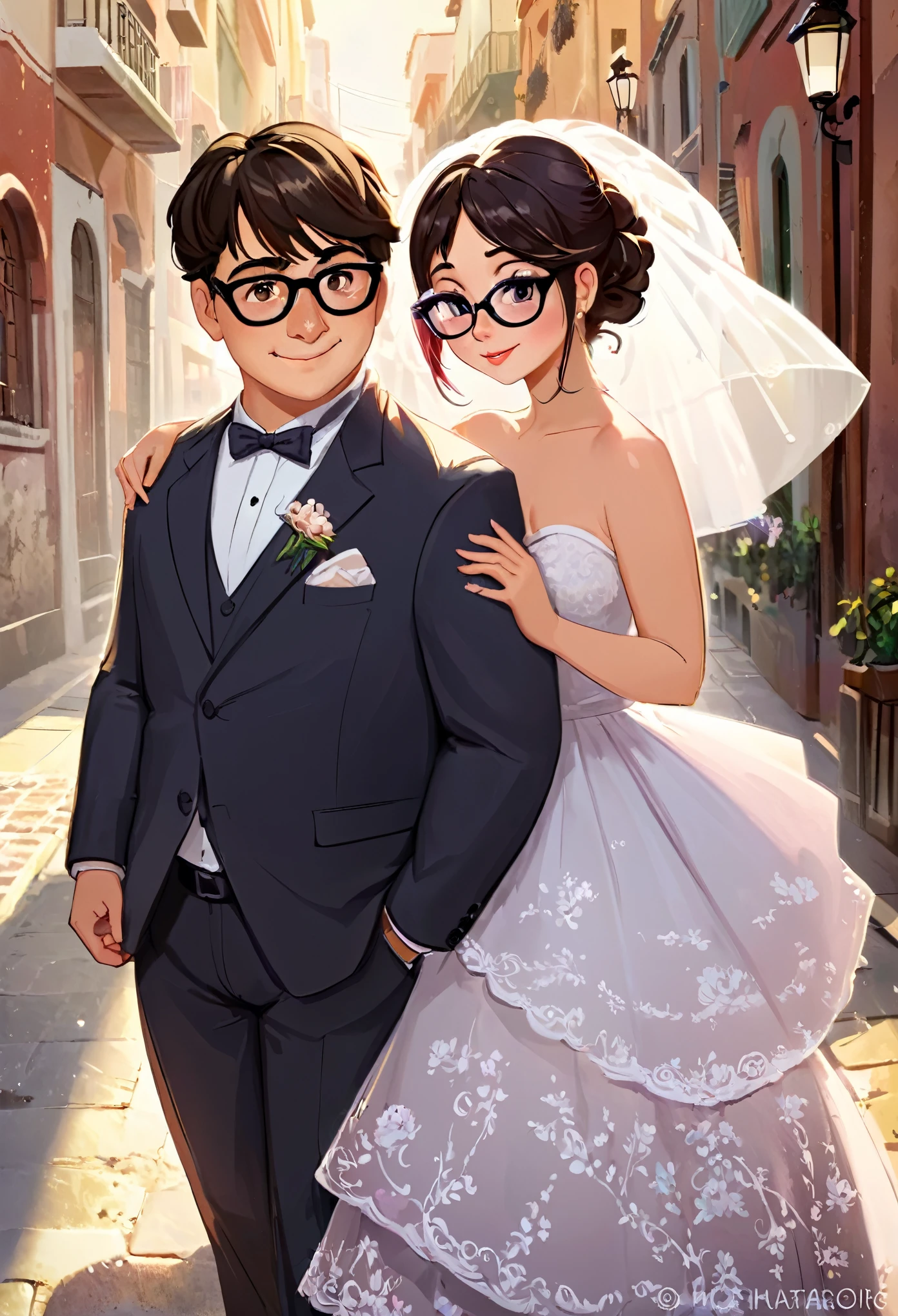 Bride and groom in a street with a streetlight in the background - SeaArt AI