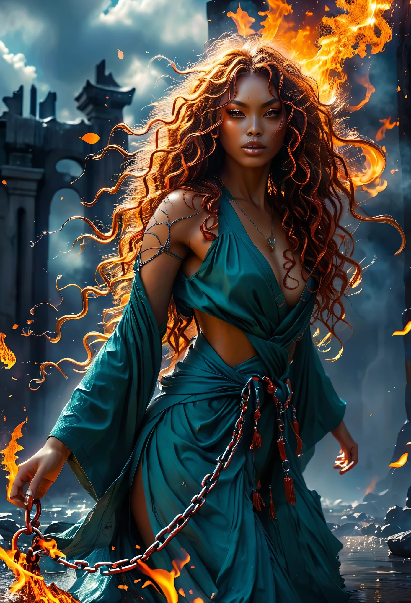 Novel in chaotic and destroy landscape, an brown skin woman with long ginger curly hair, very beautiful 18's woman, chained and wrapped in burning chains, wearing a long red kimono, metallic texture, demonic, wielding immense power, melting chains, scorching heat,rays of light piercing through the cracks,ominous shadows,exquisite detailing,steaming heat waves,smoke rising,,fireworks-like sparks,dramatic composition,dark fantasy,emerald flames,burning tattoos,fiery destruction,apocalyptic scene,crumbling ruins,distant flames,molten lava,unstoppable force,battlefield devastation,constantly growing in size,threatening clouds looming above,crimson danger,indomitable spirit,enchanted chains,,stunningly beautiful,demonic transformation,transcendent power,untamed chaos, 8K, Extremely detailed, (high quality, Realistic, photoRealistic: 1.37), tout le corps, ideal proportions and defined complexion, Meticulously designed features, inaccessible beauty, la perfection, chef artistique&#39;ouvrages d&#39;arts, vivid realism, sculptures hyper detailedes, formes Realistics, vraiment impressionnant, Un savoir-faire impeccable, pure shine, ethereal beauty, Delicate contours, Poses frappantes, sublime beauty, nuances subtiles, compositions dynamiques, couleurs vives, Perfect lighting, Expressions en mouvement, Celestial aura, Majestic presence, Ambiance onirique, rendu d&#39;octane detailed inégalé, tendance sur artstation, Photographie artistique 8k, photoRealistic concept art, Naturel, doux, Volumetric cinematic perfect light, clair-obscur, Award-winning photography, chef-d&#39;ouvrages d&#39;art, huile sur toile, beau, detailed, complexe, incroyablement
