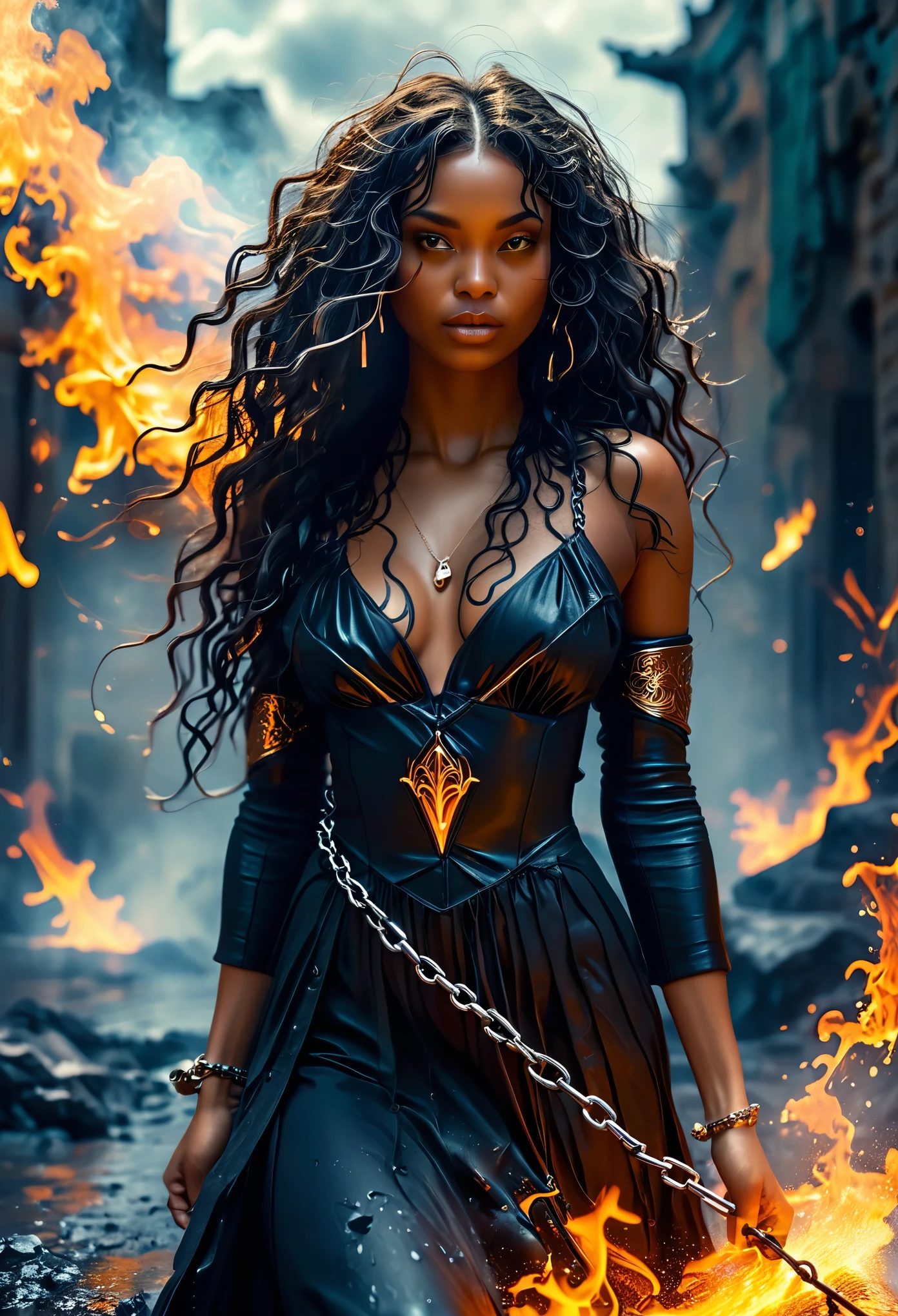 Novel in chaotic and destroy landscape, an brown skin woman with long dark curly hair, very beautiful 18's woman, chained and wrapped in burning chains, wearing a long black african dress, metallic texture, demonic, wielding immense power, melting chains, scorching heat,rays of light piercing through the cracks,ominous shadows,exquisite detailing,steaming heat waves,smoke rising,,fireworks-like sparks,dramatic composition,dark fantasy,emerald flames,burning tattoos,fiery destruction,apocalyptic scene,crumbling ruins,distant flames,molten lava,unstoppable force,battlefield devastation,constantly growing in size,threatening clouds looming above,crimson danger,indomitable spirit,enchanted chains,,stunningly beautiful,demonic transformation,transcendent power,untamed chaos, 8K, Extremely detailed, (high quality, Realistic, photoRealistic: 1.37), tout le corps, ideal proportions and defined complexion, Meticulously designed features, inaccessible beauty, la perfection, chef artistique&#39;ouvrages d&#39;arts, vivid realism, sculptures hyper detailedes, formes Realistics, vraiment impressionnant, Un savoir-faire impeccable, pure shine, ethereal beauty, Delicate contours, Poses frappantes, sublime beauty, nuances subtiles, compositions dynamiques, couleurs vives, Perfect lighting, Expressions en mouvement, Celestial aura, Majestic presence, Ambiance onirique, rendu d&#39;octane detailed inégalé, tendance sur artstation, Photographie artistique 8k, photoRealistic concept art, Naturel, doux, Volumetric cinematic perfect light, clair-obscur, Award-winning photography, chef-d&#39;ouvrages d&#39;art, huile sur toile, beau, detailed, complexe, incroyablement
