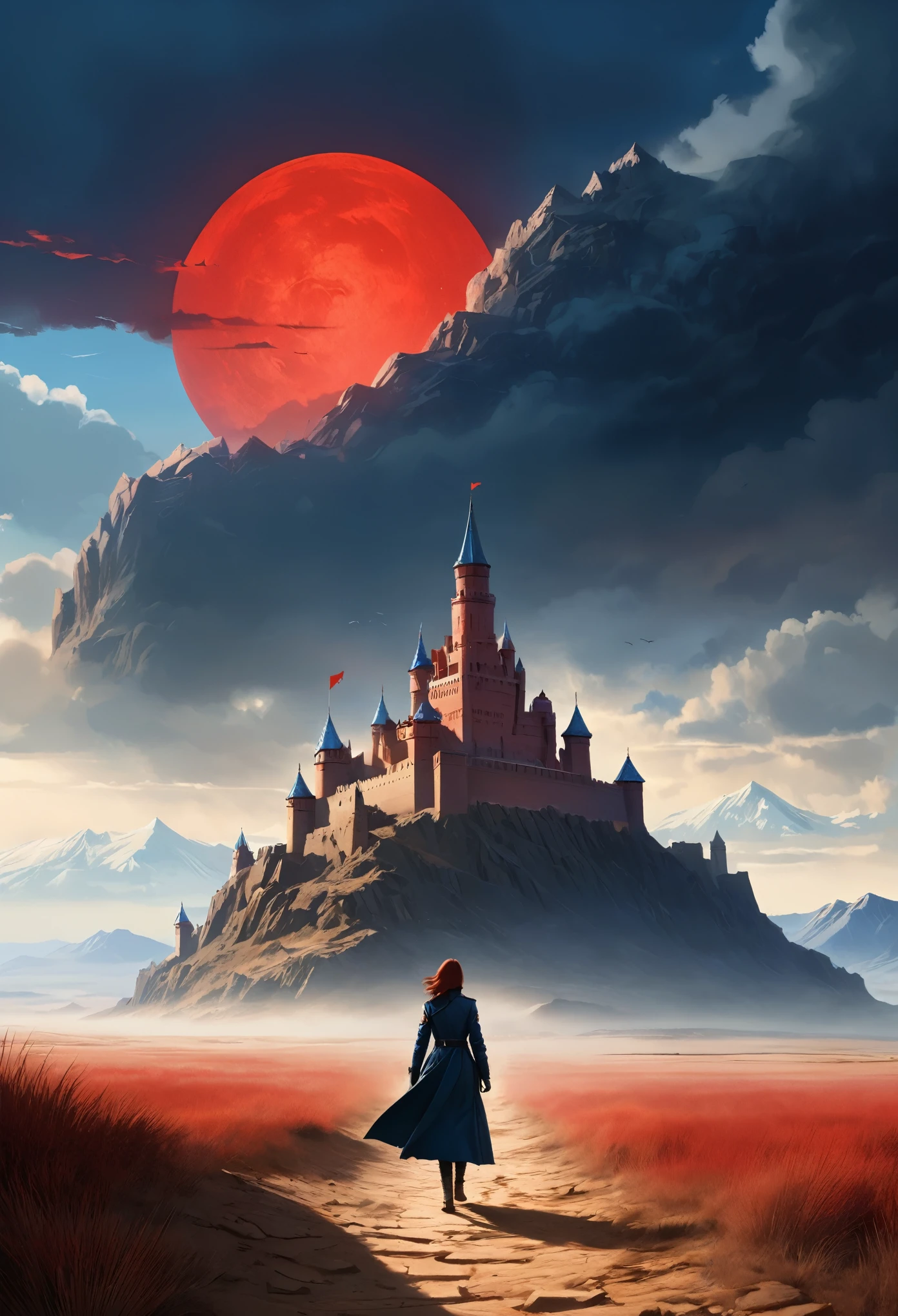 masterpiece, illustration, ((massive giant military babel fortress made of carving stone standing on desert land far away)), (babel tower), pale blue sky, sunlight, fog, shadow, dark grass with stone, uninhabitable, barren land, nature, (mountains), unsaturated, (young girl wearing dark blue coat walking towards the castle standing far away), medium length red hair, moscow, soviet union, (dark dragon with glowing red eyes flying on the sky above the fortress)