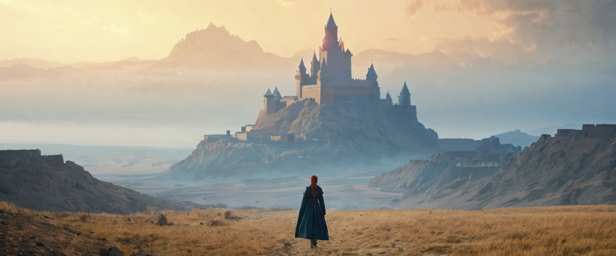 masterpiece, illustration, ((massive giant military babel fortress made of carving stone standing on desert land far away)), (babel tower), pale blue sky, sunlight, fog, shadow, dark grass with stone, uninhabitable, barren land, nature, (mountains), unsaturated, (young girl wearing dark blue coat walking towards the castle standing far away), medium length red hair, moscow, soviet union, (dark dragon with glowing red eyes flying on the sky above the fortress)