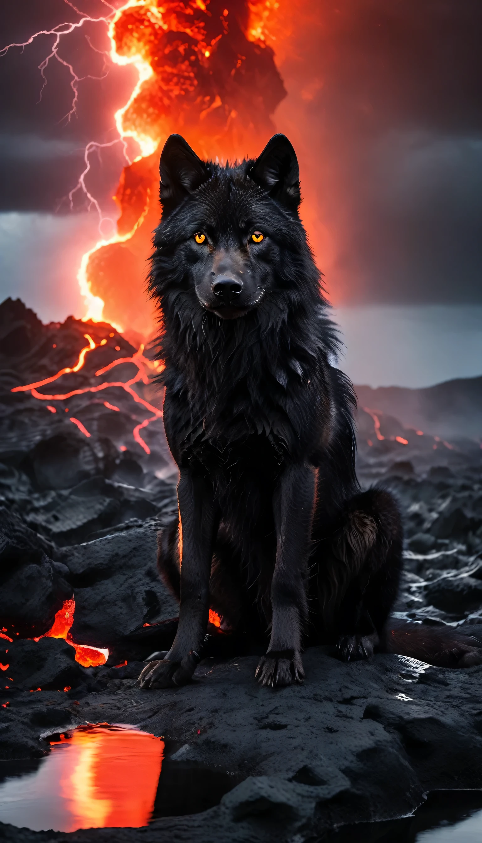 Photo of a beautiful black wolf, which sits majestically in flowing lava, he is the king of flowing lava, die lave funkelt, leuchtet und qualmt, Die Hummel ist schwarz und voller Blitze, Ultra high resolution, der wolf hat sehr detallierte rote Augen, he is the most beautiful creature in the world