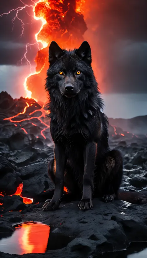 Photo of a beautiful black wolf, which sits majestically in flowing lava, he is the king of flowing lava, die lave funkelt, leuc...