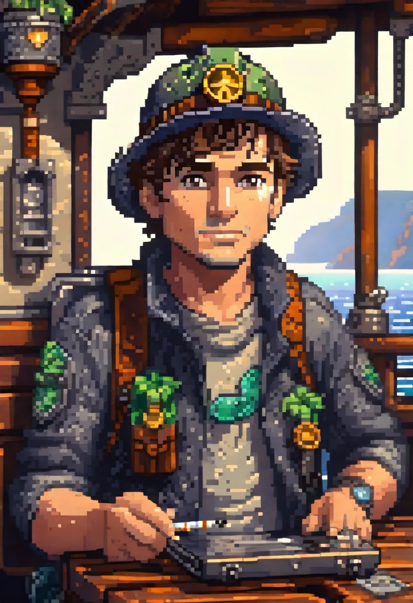 ((Pixel art:1.5)),moteur irréel:1.4, CG ultra réaliste 32K, Photoréaliste:1.4, Texture de la peau:1.4, chef-d&#39;œuvre:1.4, Beau jeune homme:1.3 avec chapeau d&#39;aviateur:1.3, lunettes d&#39;aviateur sur le front:1.3, dévoilant son beau visage hyper détaillé:1.3 , De beaux vêtements de style explorateur de couleurs:1.3 et qui se combinent harmonieusement:1.3, ornements d&#39;explorateur, un ordinateur portable à la main une cigarette allumée sur la table:1.3, la fumée de cigarette sort ,explorer sur un navire abandonné envahi par la végétation .