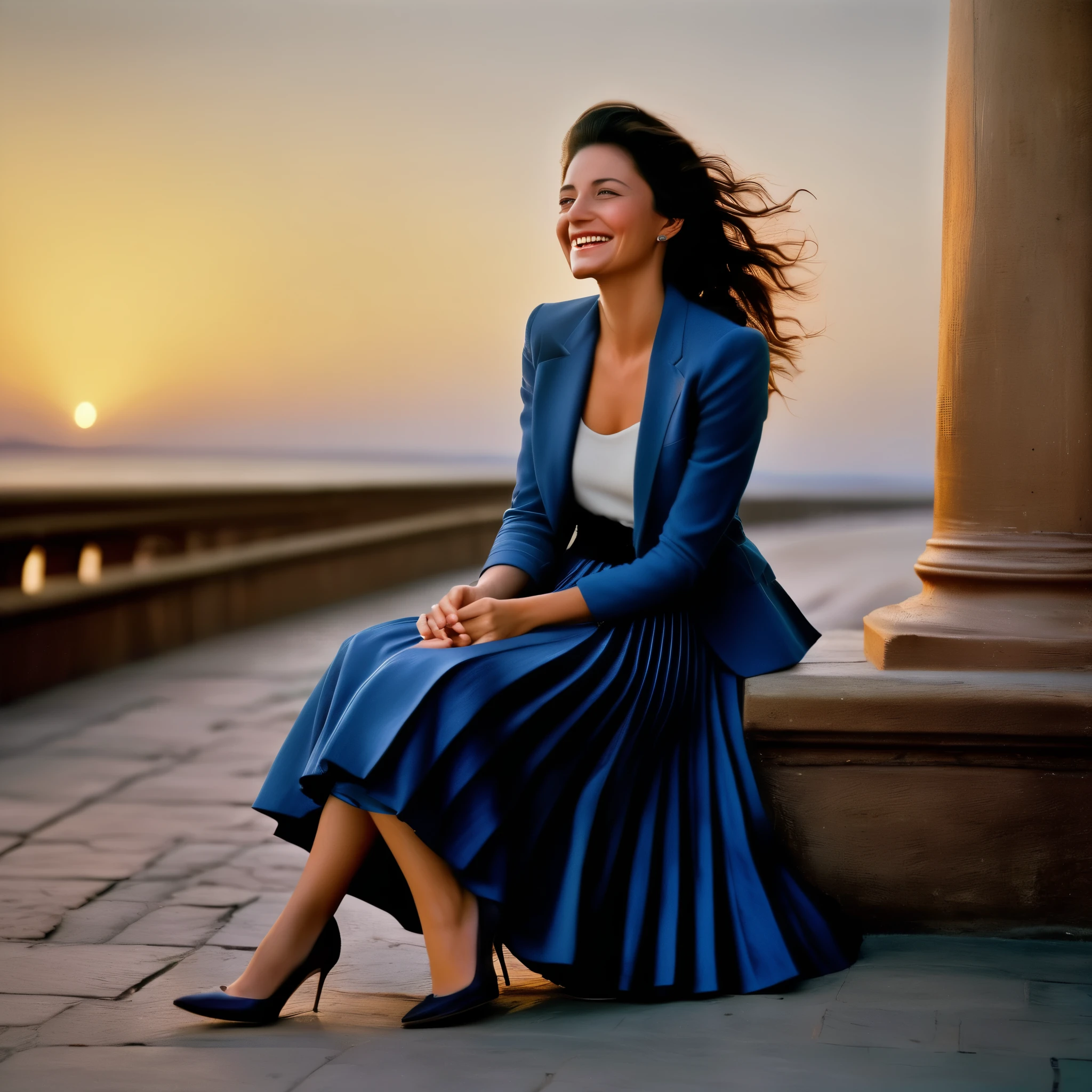 A smiling, authentic, (shy:1,3), kind, beautiful woman, is passionately in love with her skirt, sitting down on the ground while wind lifts her skirt, wearing short blazer and very, very detailed (long (fully pleated) full circle skirt) and (low heeled court shoes), very, very intricate hyper-detailed symmetric (attractive graceful young feminine face) with (sad, tired eyes and a loving smile), very voluptuous breasts, full of empathy and compassion and love, (pronounced (feminine) features), (highly detailed ultra accurate realistic) hands and fingers, (windy), epic composition, highly detailed attributes, (35mm f1.4 Kodak portra 400 photograph), extremely high quality RAW photograph, highly detailed atmosphere, sci-fi, cinematic shot, dynamic lighting, 75mm, Technicolor, Panavision, cinemascope, sharp focus, fine details, 8k, HDR, realism, realistic, key visual, film still, superb cinematic color grading, depth of field