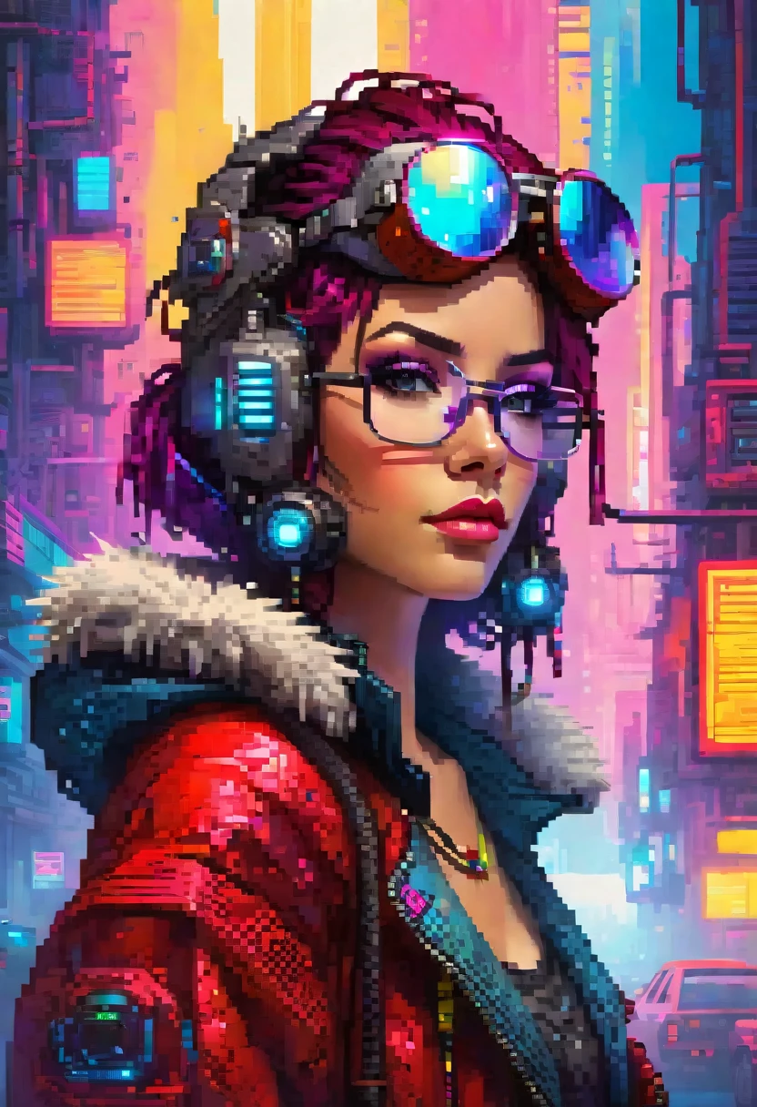 arte de pixeles:1.5,motor irreal:1.4,CG ultra realista K, fotorrealista:1.4, textura de la piel:1.4, obra maestra:1.4,Hermosa mujer con sombrero de aviador gafas de aviador sobre su frente, dejando ver su hermoso rostro ,de hermoso pelo largo 、Short cyberpunk style clothes in beautiful colors that combine harmoniously, adornos de ciberpunk, a laptop pc in his hand ,pantimedias red , minifalda azul