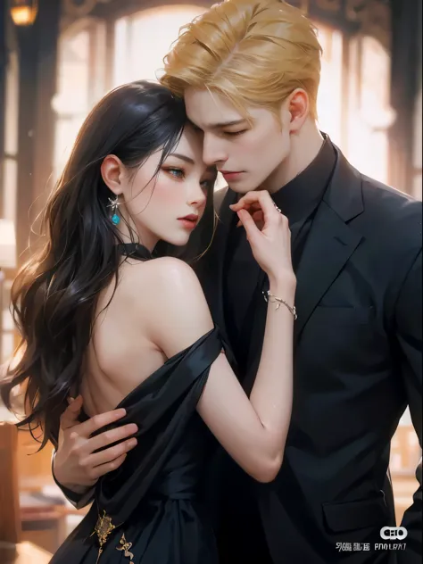 araffa a un hombre y una mujer con un vestido negro., obra de arte al estilo de guweiz, por yang j., ruan jia and artgerm, cai x...