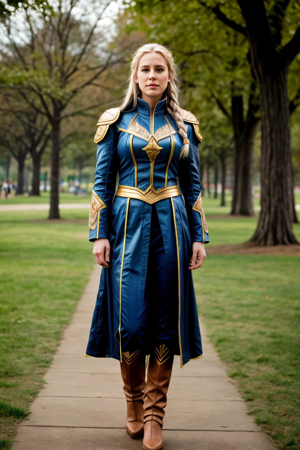Jaina Proudmoore from warcraft in modern clothes standing in park, people walking by, ((Best quality)), ((masterpiece)), (detailed), perfect face