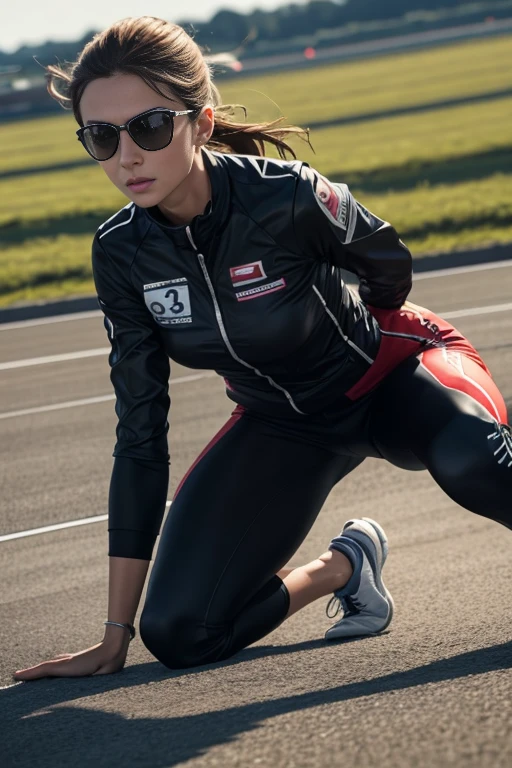  Woman in airfield race, en plein essor:

Woman in airfield race, en plein essor.
The light is intense and exciting.
The face is closed and constrained.
La pose est forte et dominant.