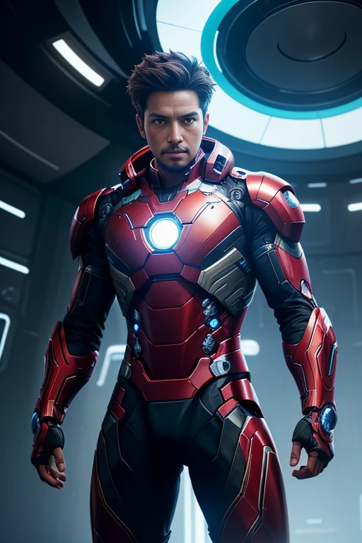 Create a futuristic representation of Playground.AI in the style of a gamer. The character should have a high-tech look, with futuristic armor and technological accessories. Man in Iron-Man-style armor. His eyes could glow with cybernetic light, and he could be holding a holographic device or futuristic joystick in his hands. The background should be a virtual 3D environment, with video game elements and digital interfaces. The image should evoke the idea of a playful mind evolving in an advanced technological virtual world.
