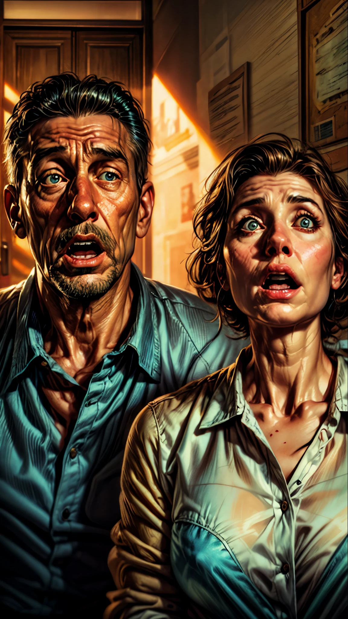 man and woman staring at something with a surprised look, inspired by Art Frahm, super realistic art style, by László Balogh, inspired by Mort Künstler, very realistic, realistic ilustration style, movie scene portrait closeup, very very realistic, very realistic effect, hyperrealism art