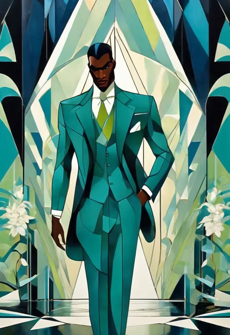 a figura masculina, um homem negro, is standing in the center of an art deco room, its striking and elegant presence standing ou...