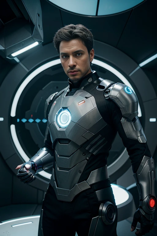 Create a futuristic representation of Playground.AI in the style of a gamer. The character should have a high-tech look, with futuristic armor and technological accessories. Man in Iron-Man-style armor. His eyes could glow with cybernetic light, and he could be holding a holographic device or futuristic joystick in his hands. The background should be a virtual 3D environment, with video game elements and digital interfaces. The image should evoke the idea of a playful mind evolving in an advanced technological virtual world.
