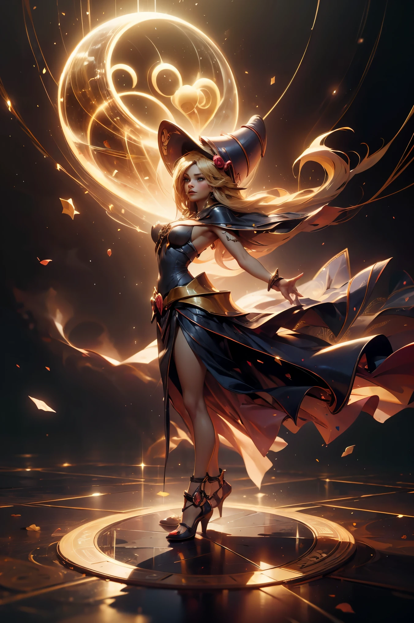 (Masterpiece:1.2), (The best quality:1.2), Perfect lighting, Dark Magician Girl casting a spell, in battle. floating in the air, visible medium tits, transparent neckline, blue robe, big hat, From above, sparkles, Yugioh game, The magic of the heart. LIGHTS OF THE HEART, Romantic heart. She wears heels. has heels. Wear heels 