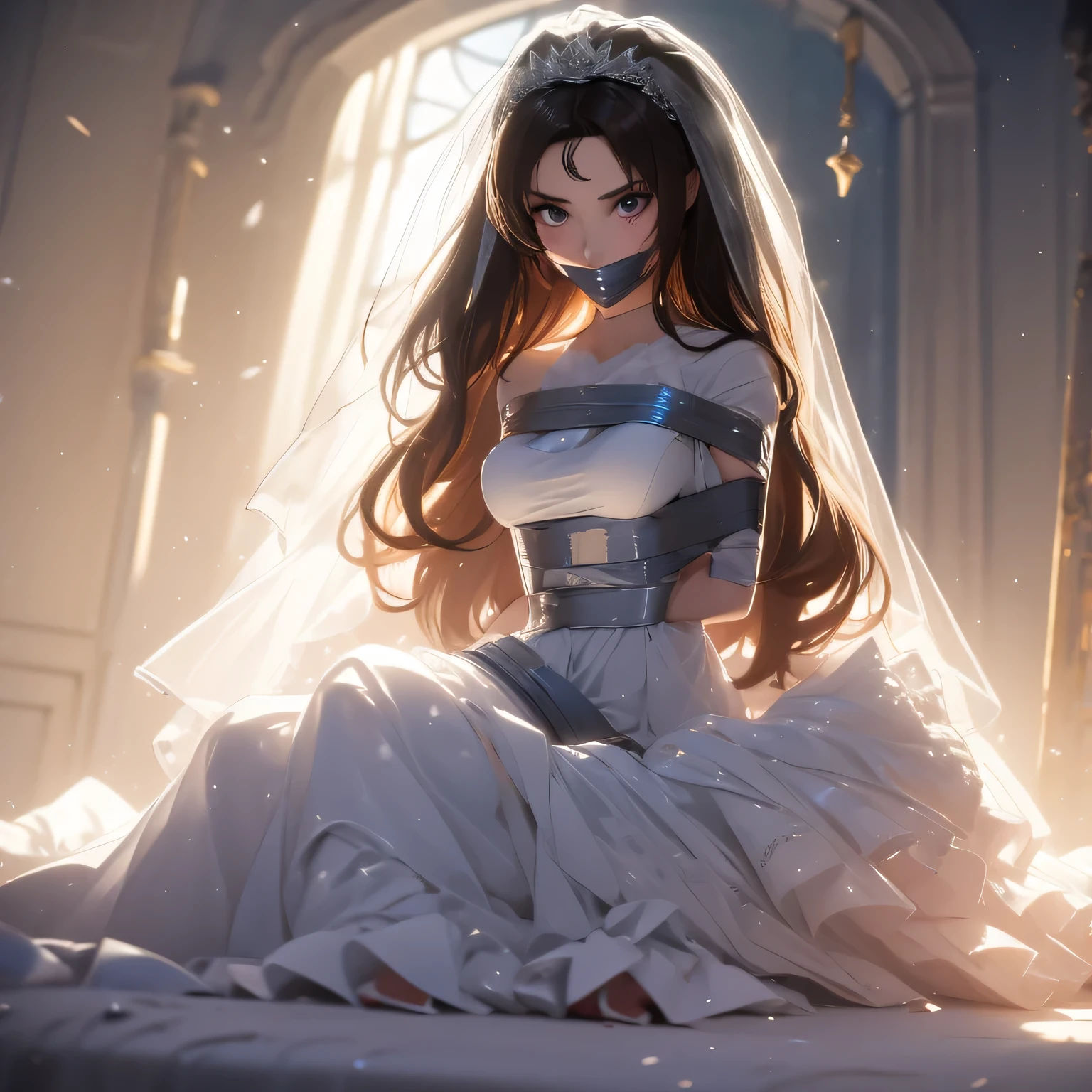 (bright lighting,romantic setting),bride captured, dreamy background,bondage,dark hair, mesmerizing gaze, , soft skin, alluring beauty, artistic portrait, high-quality image, vibrant colors, long silk gown, in the bed,tape bondage,tape gag, mosquito net, bridal