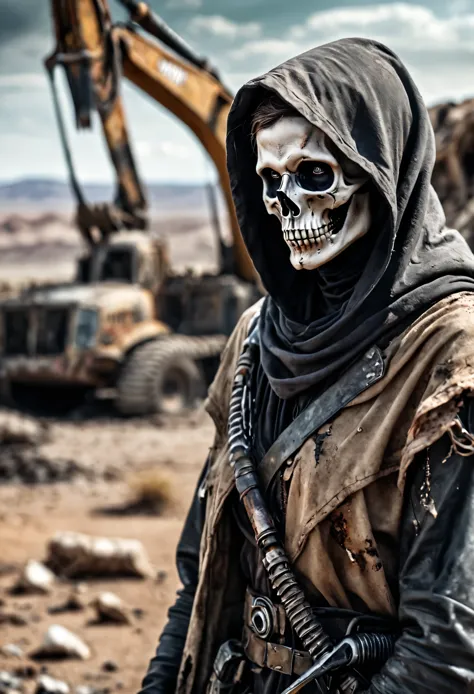 (Realistic:1.4), analog photo style, depth of  field,  Vivid colors, fragile, vulnerable, female reaper, sad, worried expression, looking away, professional photoset in post-apocalyptic style, insanely detailed, intricate wasteland  landscape background,  ...