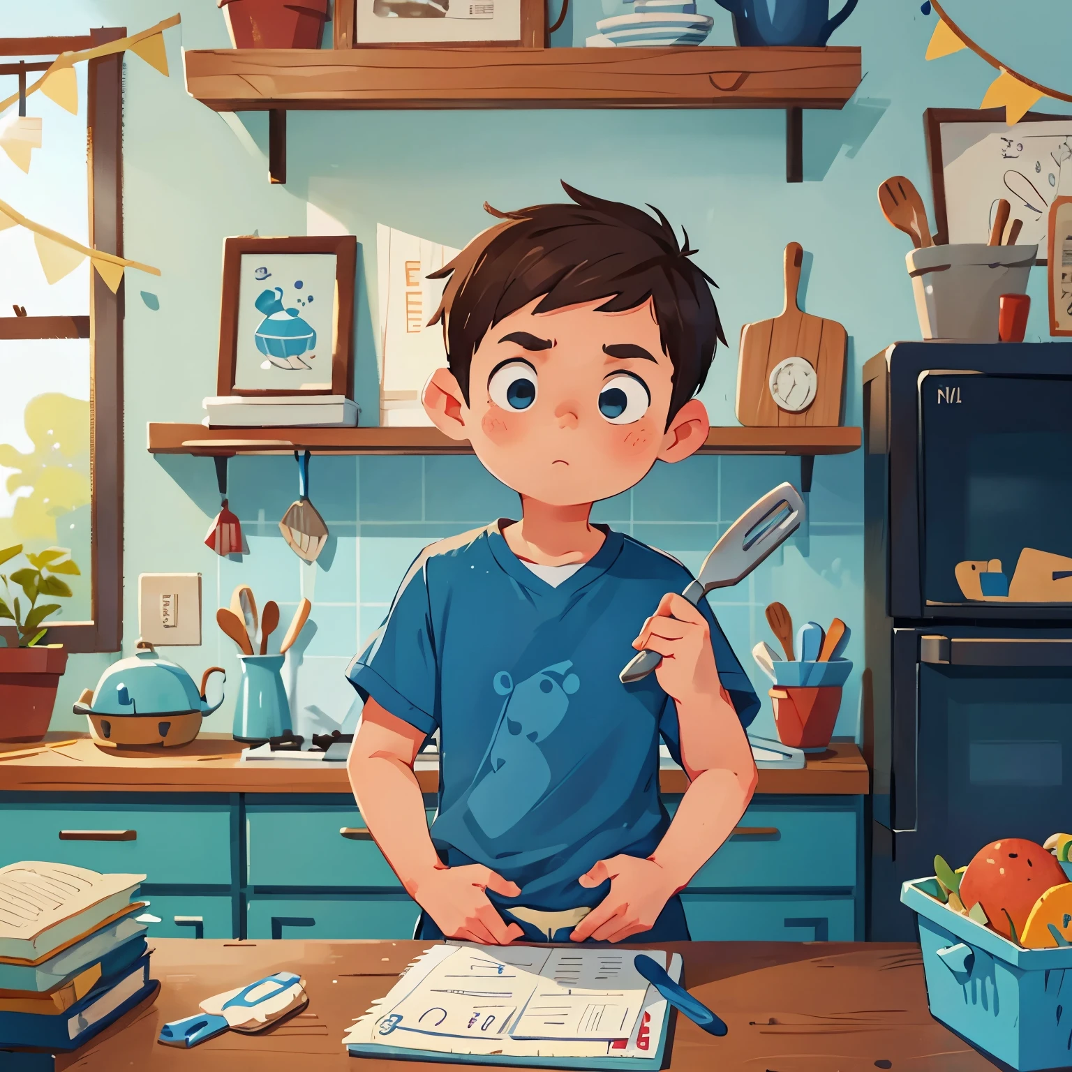 A boy wearing a blue shirt holding a spatula up high looking motivated, kitchen setting