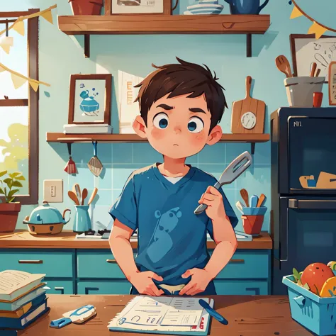 a boy wearing a blue shirt holding a spatula up high looking motivated, kitchen setting