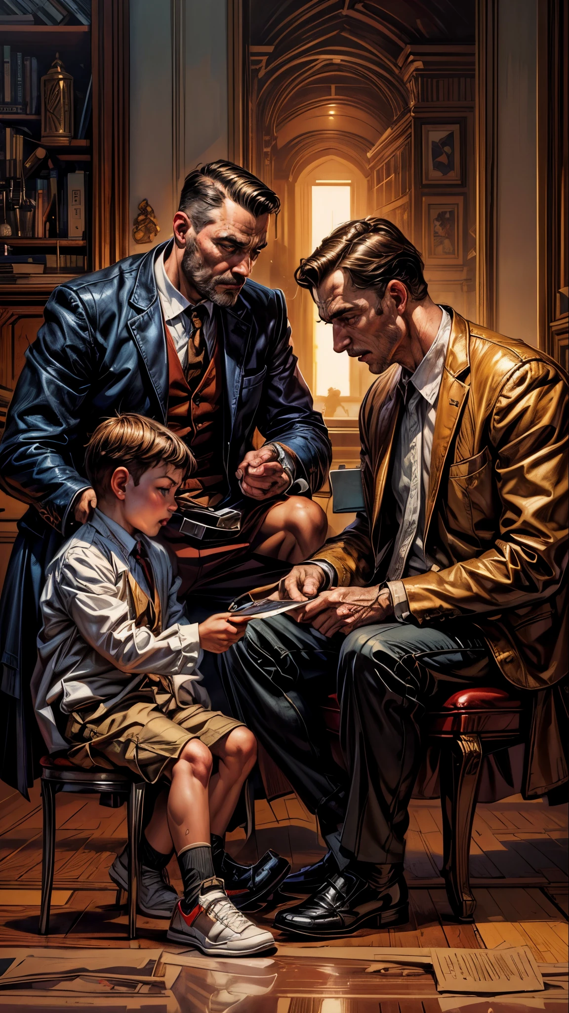 painting of a man and two boys sitting on a chair, inspired by Art Frahm, by László Balogh, inspired by F Scott Hess, inspired by F. Scott Hess, gentleman, by Líviusz Gyulai, james gurney painting style, realistic art, by Thomas Dalziel, male art, by Alfredo Volpi, e pic portrait of menacing, epic portrait illustration, epic ilustration, epic digital art, intense painting, powerful painting, wojtek fus, realistic fantasy art, epic game portrait, rob rey, portrait from hell, malevolent expression, horrific digital art, hyper real, hyper real ilustration