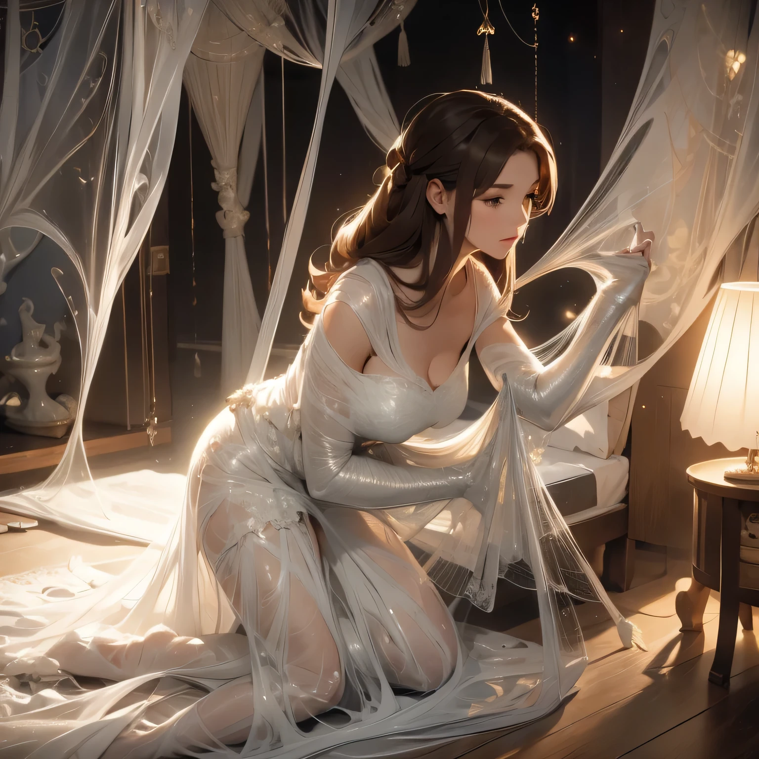 1girl,Spider weaving a net on the girl,réalism:1.2,ultra-detailed,bedroom setting,stretched pose,struggling in the net,brown haired,very long sheer skirt,oaken floor,soft sunlight,delicate spider silk,lace curtains,bedside table,decorative pillows