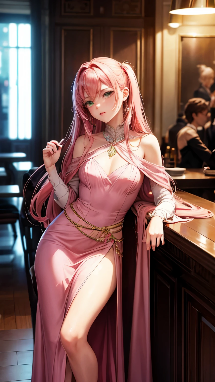 powerful woman, boss, looking like a goddess, small , with green eyes and long pink hair, sitting on a chair in the bar, wearing long elegant dress and heels, with men behind her