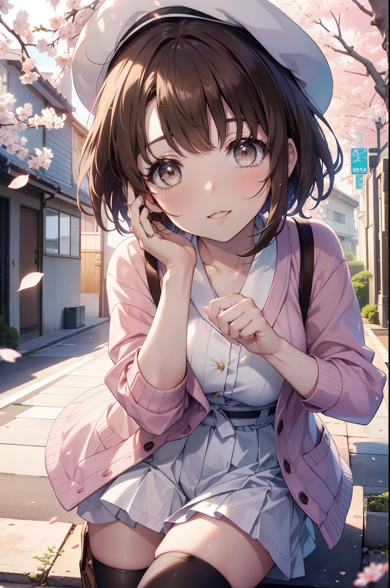katoumegumi, megumi katou, brown hair, short hair, (brown eyes:1.5),smile,blush,open your mouth,happy atmosphere white beret hat, oversized sweater,short denim pants,white pantyhose,short boots,Asahi,sun,sunが登っている,SakuraFubuki,cherry blossoms are blooming,Cherry blossoms are scattered,
break looking at viewer,
break outdoors, residential street,
break (masterpiece:1.2), highest quality, High resolution, unity 8k wallpaper, (figure:0.8), (detailed and beautiful eyes:1.6), highly detailed face, perfect lighting, Very detailed CG, (perfect hands, perfect anatomy),
