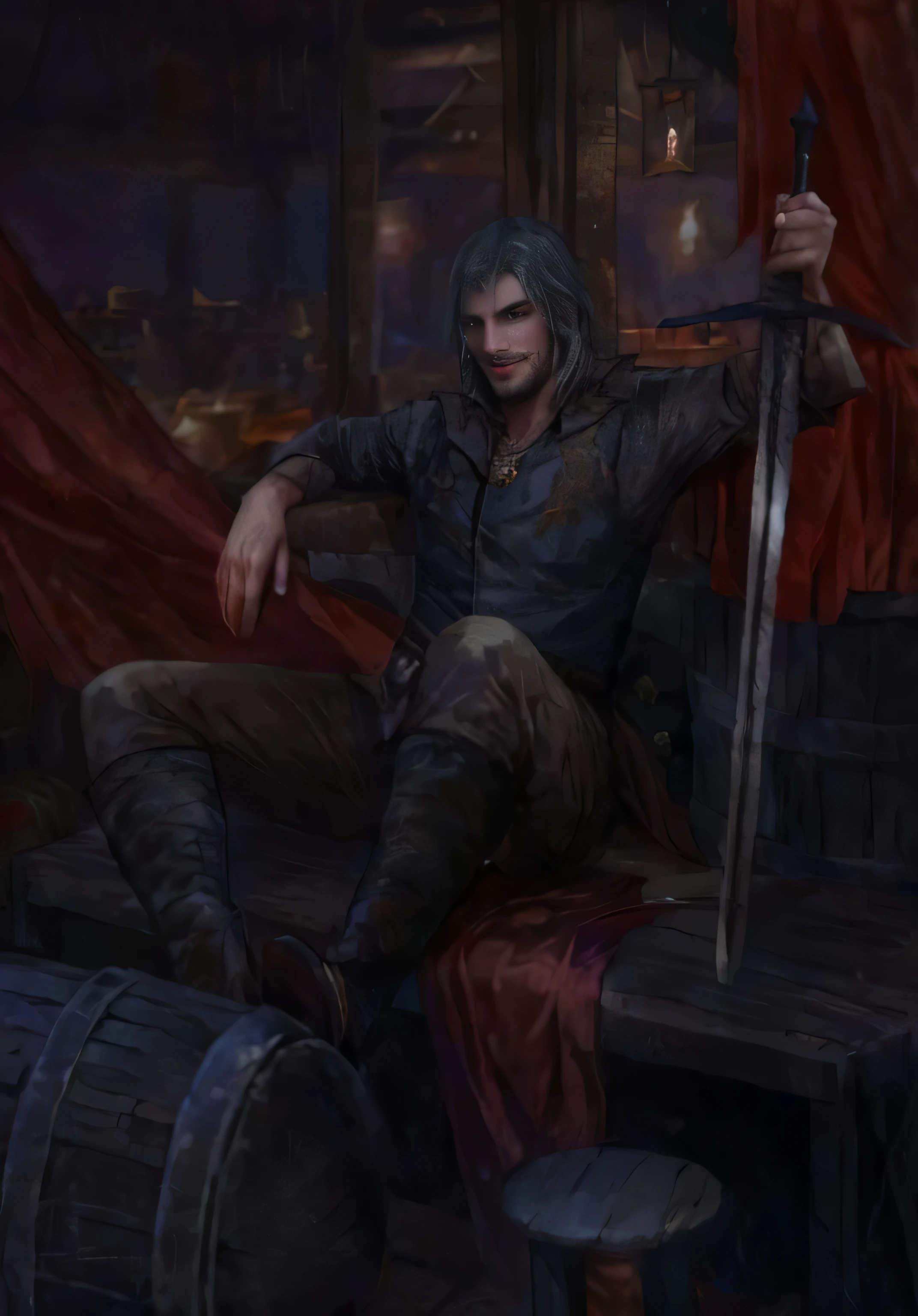 arafed image of a man sitting on a bench with a sword, the witcher concept art, fantasy art smug smile man, caleb from critical role, portrait of fin wildcloak, from witcher (2021), portrait of geralt of rivia, mario as the witcher, highly detailed exquisite fanart, epic rpg portrait, medieval fantasy game art, witcher))