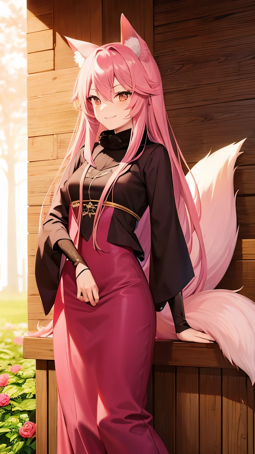 nine-tail fox, long pink hair, ultra-detailed, high-quality, pink tail, pink flowers, smile, beautiful seductive anime girl