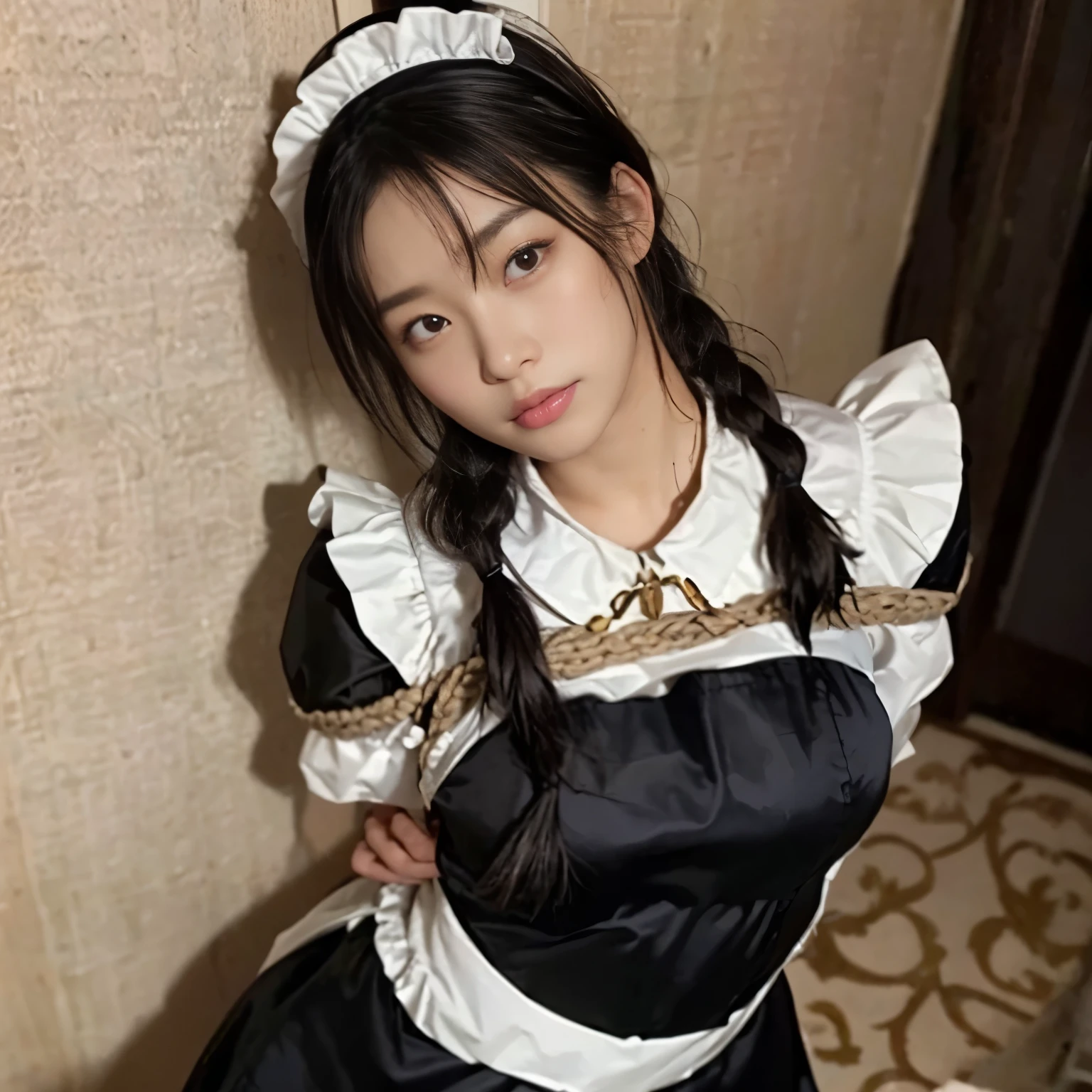 A close up of a woman in a maid outfit posing for a picture - SeaArt AI