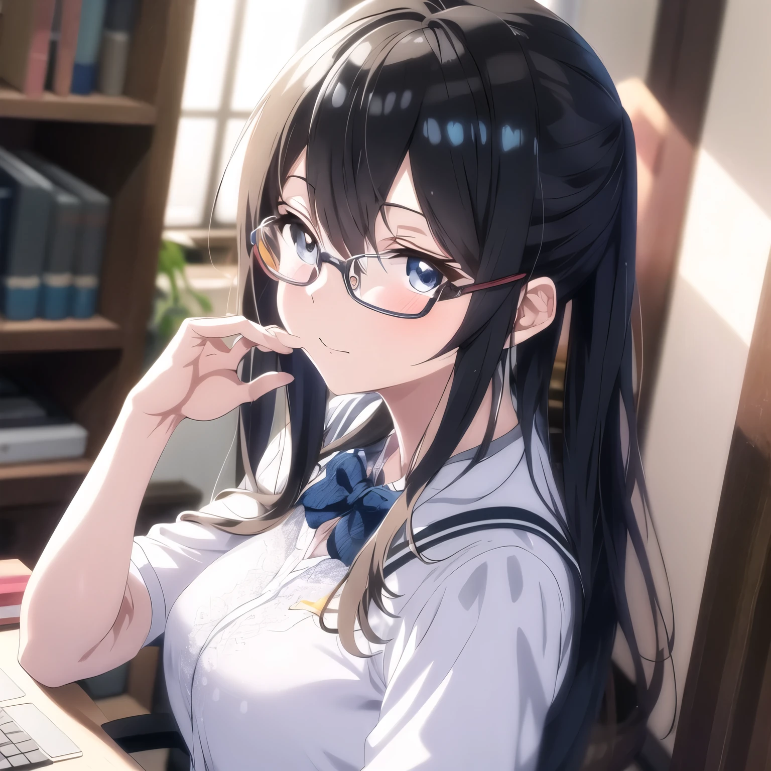 anime girl with glasses sitting at a desk with a laptop, estilo de arte anime moe, Arte suave em CG de anime, arte digital detalhada de anime, artwork in the style of Guweiz, fanart de marin kitagawa, digital anime art, with glasses, garota anime sedutora, Guweiz, lindo retrato de anime, pessoal, cute anime high school girl, estilo de arte de anime realista