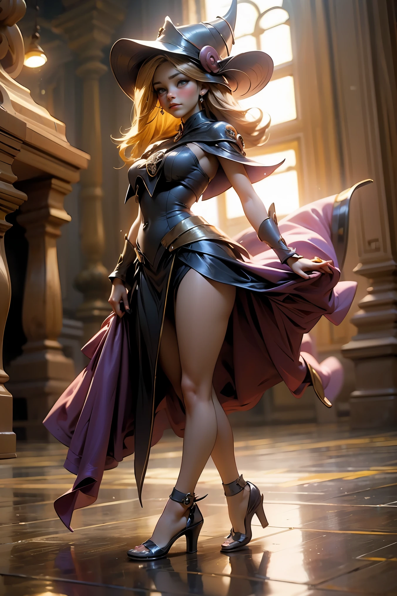 (Masterpiece:1.2), (The best quality:1.2), Perfect lighting, Dark Magician Girl casting a spell, in battle. floating in the air, visible medium tits, transparent neckline, blue robe, big hat, From above, sparkles, Yugioh game, The magic of the heart. LIGHTS OF THE HEART, Romantic heart. She wears gold heels. In heels. heels 