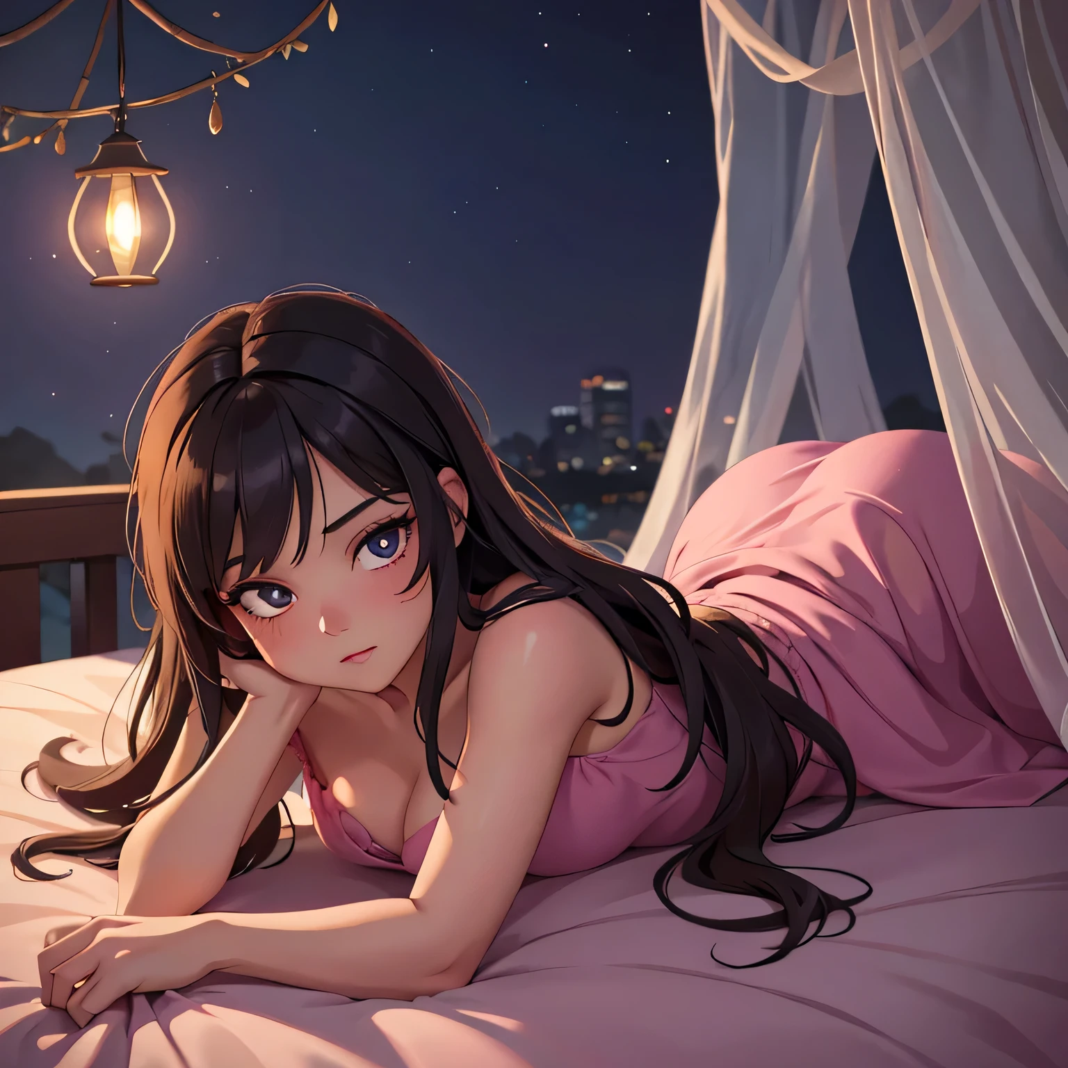 1girl, see her ass,(bright lighting,romantic setting),dreamy background,,dark hair, mesmerizing gaze, , soft skin, alluring beauty, artistic portrait, high-quality image, vibrant colors,long silk gown, mosquito net, lying down, romantic bedroom, cartoon