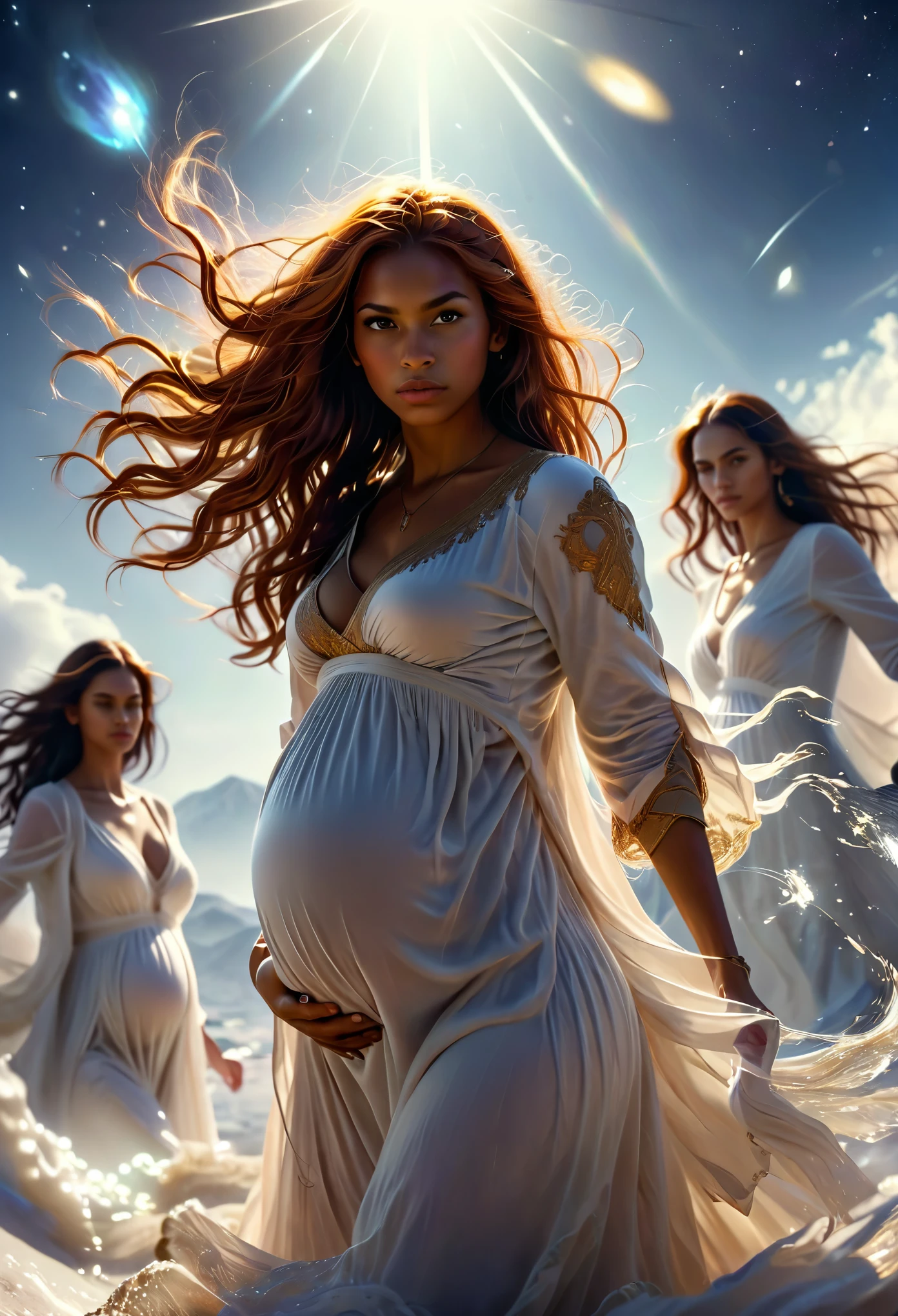 In a celestial landscape, four people dressed luxuous, differents faces, they are all darkskin, (((young, in 20's))) (((two brown skin men and two brown skin woman))), (((two young brown skin long dark hair duke:1.3))), (((one brown skin dark hair pregnant1.5 woman))) and (((one long ginger hair woman pregnant1.3))), (only one woman pregnant:1.7), (they are two différent and separate couple1.2). (Two couple of four people:1.2). The first couple is a brown skin duke long dark curly hair with a ginger long hair pregnant woman. The second couple is a brown skin duke curly dark hair with a short brown hair woman, (((ginger hair brown skin woman and dark hair woman are pregnant and brownskin:1.5))) trying to kill him with swords, dangerous scene, war, battle, 8K, extremely detailed, high quality, (photorealistic:1.37), Full body, vibrant colors, perfect lighting, soulful expressions, celestial aura, majestic presence, dreamlike atmosphere, 8 k artistic photography, photorealistic concept art, soft natural volumetric cinematic perfect 
