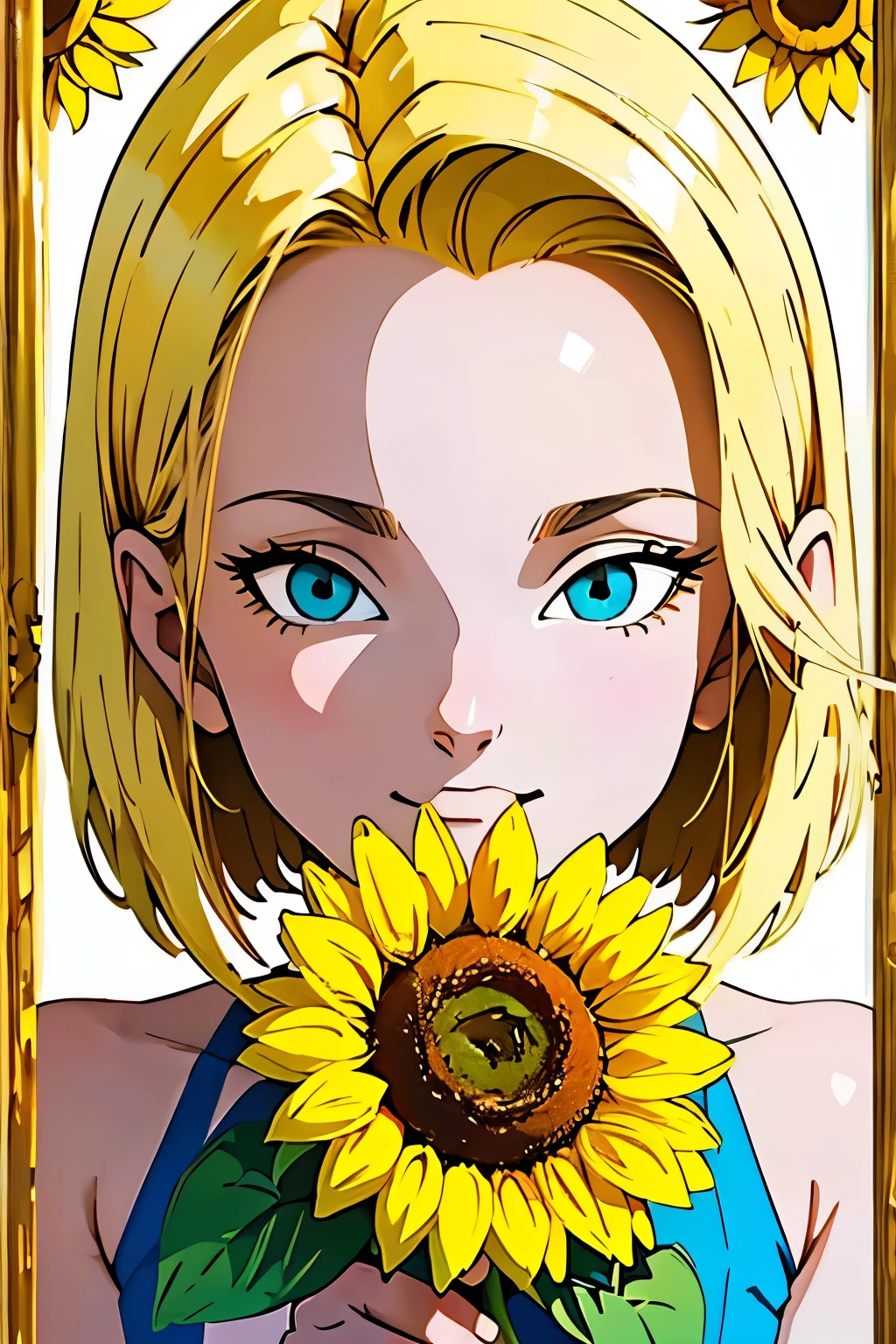 Blonde, cute girl with a sunflower in hand, basking in the warmth of a sunny day, anime style rendered in a minimalist palette, featuring a few vibrant hues to accentuate her charming features and the sunflower's beauty. The girl's golden locks cascade down her back, framing her faced framed by simple, clean lines and gentle shading. Her expression is bright and cheerful, reflecting the joy of the sunny day. The sunflower, with its petals radiating out from its central disc in bold, clear strokes, adds a pop of color to the scene. The background, consisting of only a few simple shapes and lines, keeps