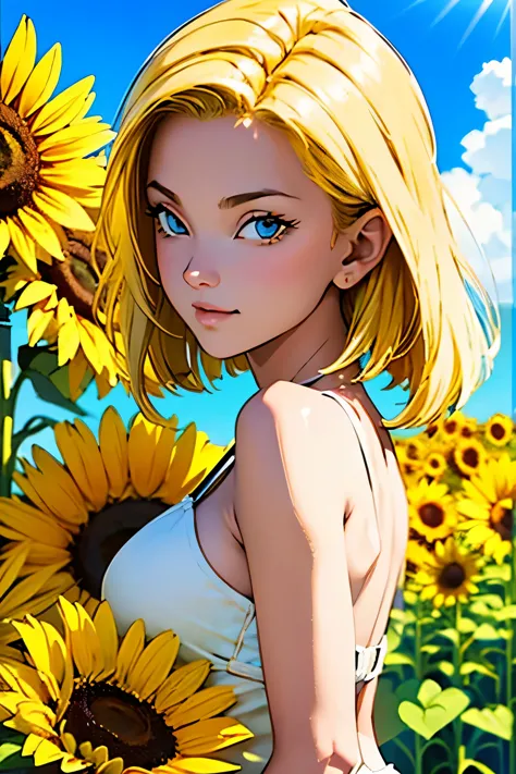 blonde, cute girl with a sunflower in hand, basking in the warmth of a sunny day, anime style rendered in a minimalist palette, ...