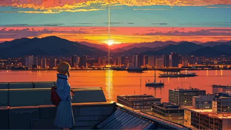 Lonely girl, sunset, city rooftop, sad, sad colors