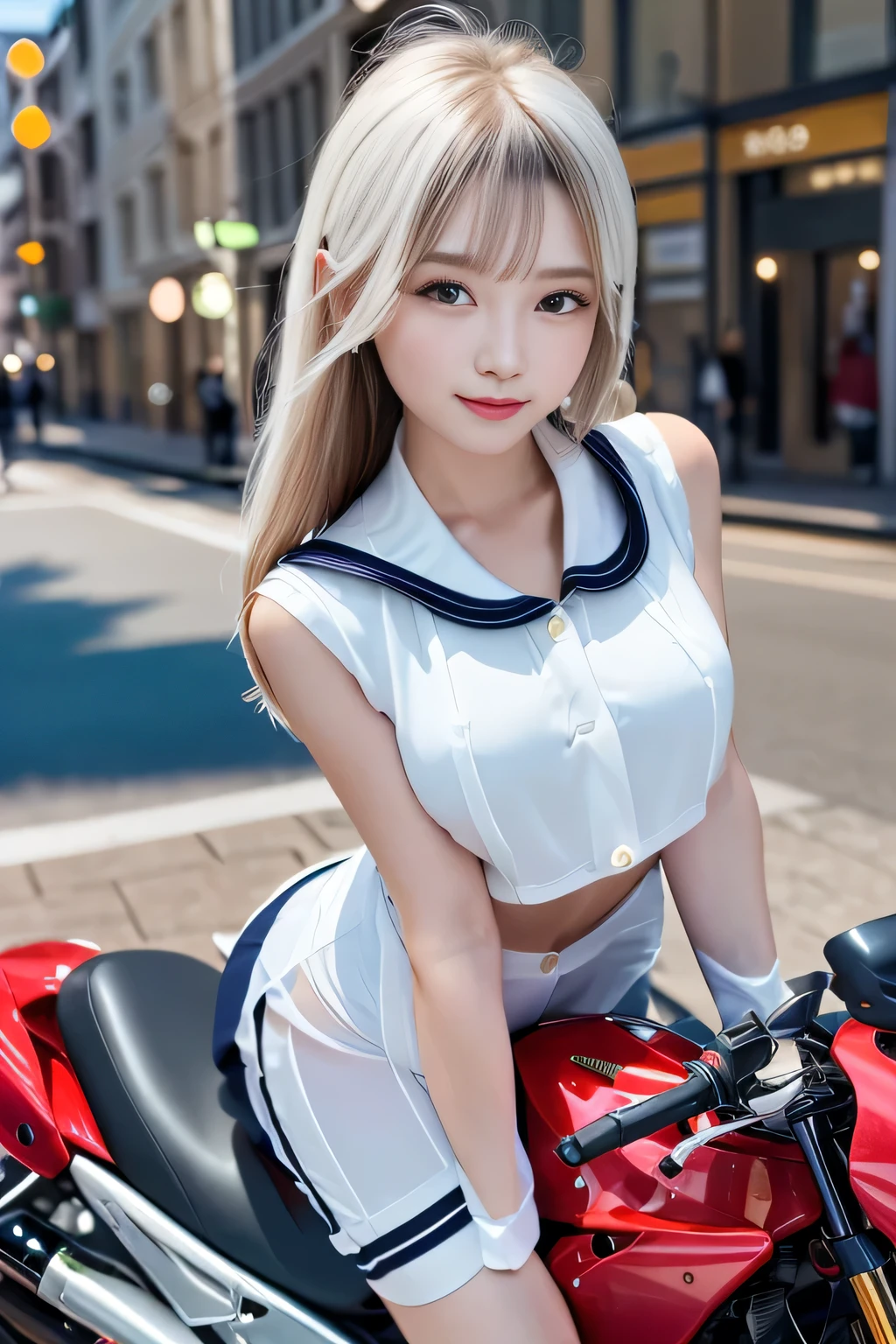 big and full breasts、(((A transparent white sailor suit that sticks to the chest,school uniform:1.7))),(((A woman wearing a transparent sailor suit:1.7 ))),(((A woman riding a colorful custom-painted motorcycle through the city:1.7))), Shiny light brown and orange striped short hair,cute smile,perfect round face,A cheerful smile that makes the viewer happy,proper body proportions,table top,Super high quality output image,High resolution,intricate details,very delicate and beautiful hair,realistic pictures,dream-like,professional lighting,realistic shadow,focus only,beautiful hands,beautiful fingers,Detailed functions of fingers,Detailed features of the wear,Detailed characteristics of hair,detailed facial features,(((emphasize the chest:1.3))),(dynamic angle),(dynamic and sexy pose),laughter、cute round face,,(table top,highest quality,超High resolutionの出力画像,) ,(8K quality,),(sea art 2 mode.1),(Image mode Ultra HD,)