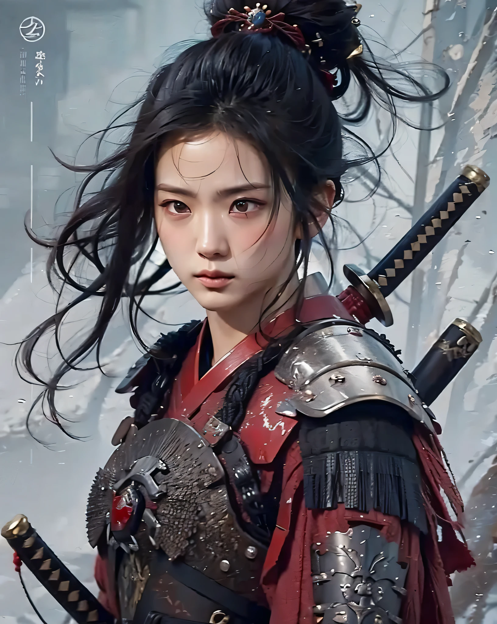 messy hair, samurai armor, sword, masterpiece, ultra detail face, black hair, looking viewers, red armor